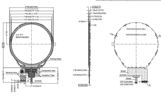 3.4-inch 800*800 TFT Color Circular Display Projective Capacitive Touch Screen For Instrumentation / Smart Home