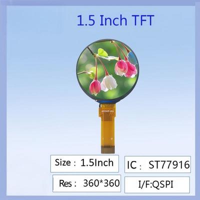 1.5 Inci TFT LCD Warna Bulat 360x360 Resolusi ST77916 Driver IC High Definition Wide Viewing Angle Untuk Smart Wearables / DIY Proyek Elektronik / Panel Instrumen Industri